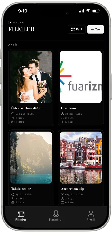 Kadra home screen — active films